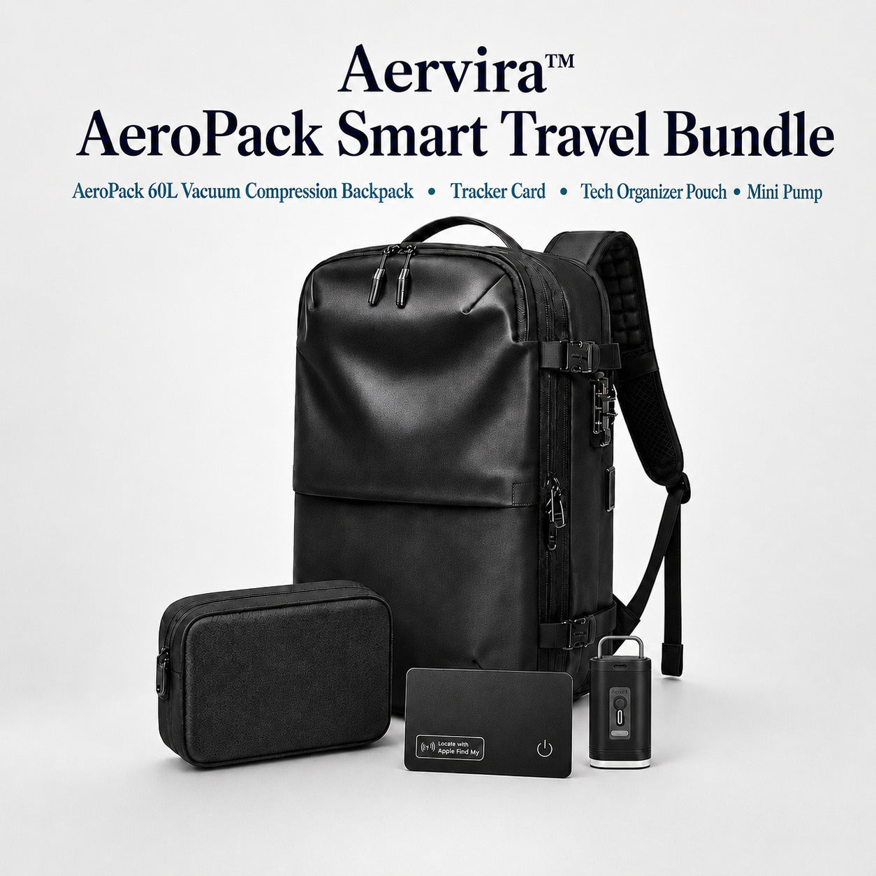 Aervira™ AeroPack Smart Travel Bundle with 60L vacuum compression backpack, tracker card, tech organizer pouch, and mini pump