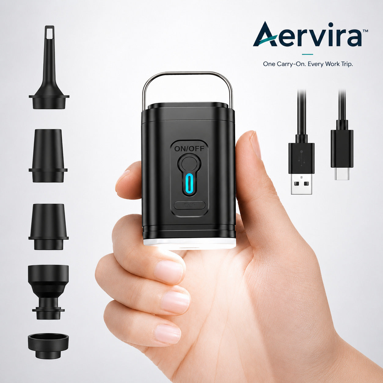 Aervira Rechargeable Mini Compression Pump shown in hand with five nozzle attachments and USB charging cable