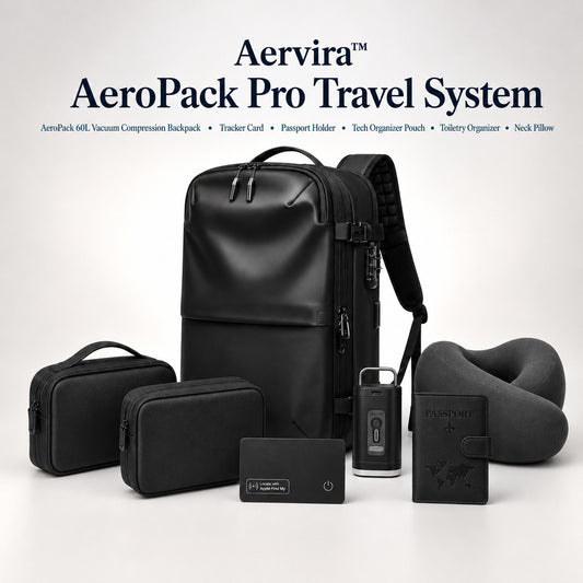 Aervira AeroPack Pro Travel System with AeroPack 60L vacuum compression backpack, tracker card, passport holder, tech organizer pouch, toiletry organizer, and neck pillow