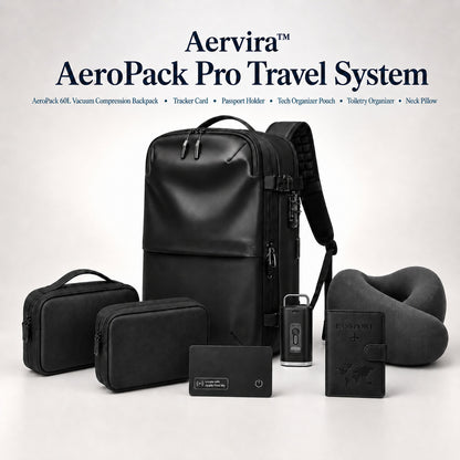Aervira™ AeroPack Pro Travel System with 60L vacuum compression backpack, mini pump, tracker card, passport holder, tech organizer pouch, toiletry organizer, and neck pillow
