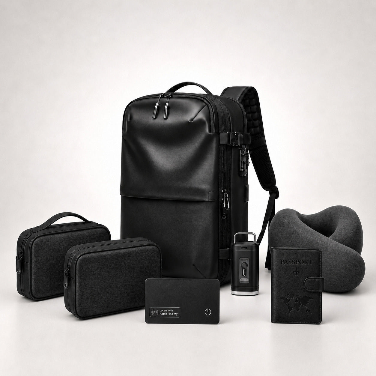 Aervira™ AeroPack Pro Travel System with 60L vacuum compression backpack, mini pump, tracker card, passport holder, tech organizer pouch, toiletry organizer, and neck pillow