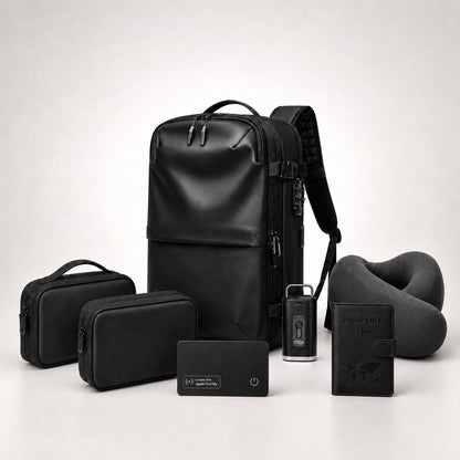 Aervira™ AeroPack Pro Travel System with 60L vacuum compression backpack, mini pump, tracker card, passport holder, tech organizer pouch, toiletry organizer, and neck pillow