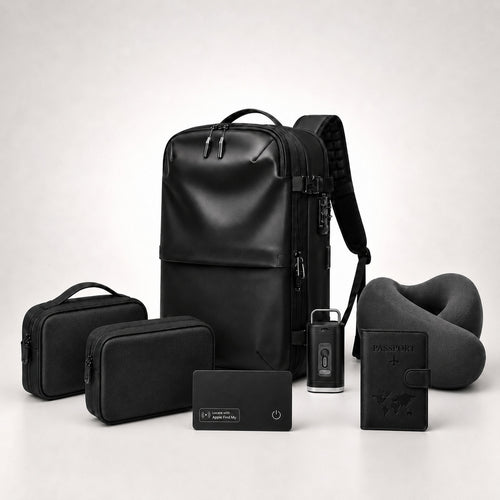 Aervira™ AeroPack Pro Travel System with 60L vacuum compression backpack, mini pump, tracker card, passport holder, tech organizer pouch, toiletry organizer, and neck pillow
