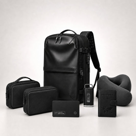 Aervira™ AeroPack Pro Travel System with 60L vacuum compression backpack, mini pump, tracker card, passport holder, tech organizer pouch, toiletry organizer, and neck pillow
