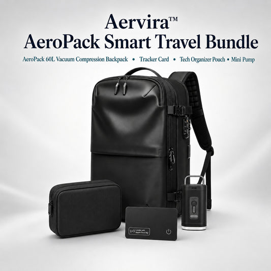 Aervira AeroPack Smart Travel Bundle with AeroPack 60L vacuum compression backpack, tracker card, tech organizer pouch, and mini pump