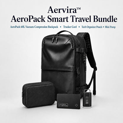 Aervira™ AeroPack Smart Travel Bundle with 60L vacuum compression backpack, tracker card, tech organizer pouch, and mini pump