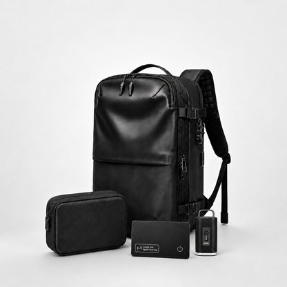 Aervira™ AeroPack Smart Travel Bundle with 60L vacuum compression backpack, tracker card, tech organizer pouch, and mini pump