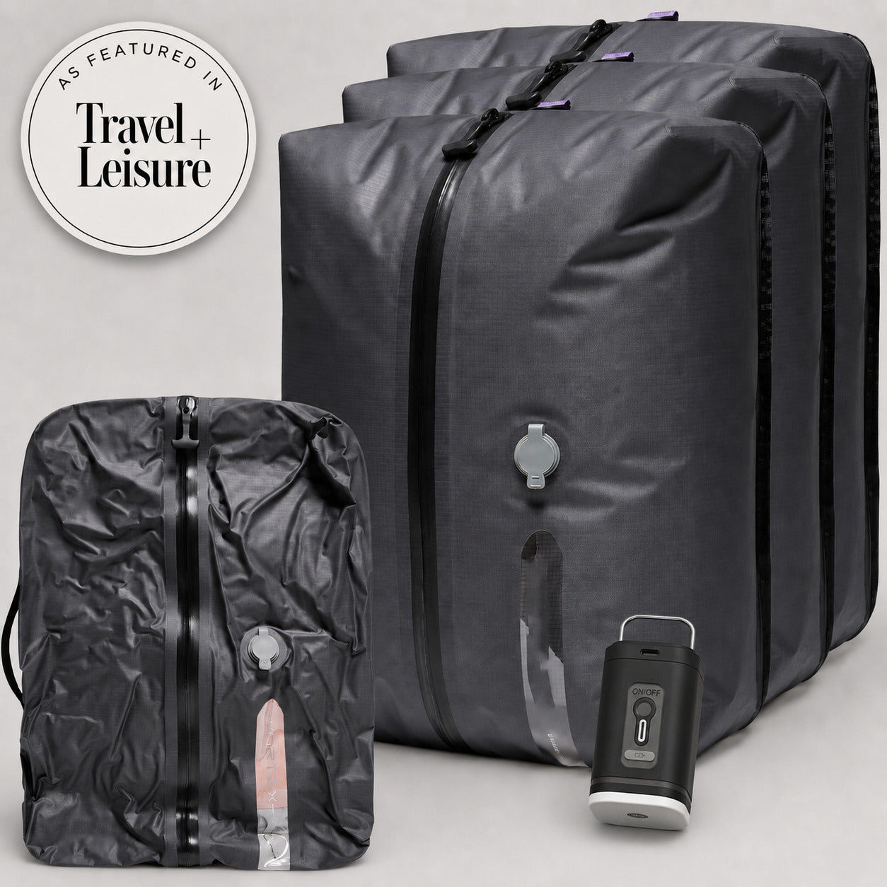 Aervira carry-on compression bags with rechargeable mini pump