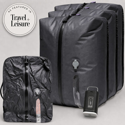 Aervira carry-on compression bags with rechargeable mini pump