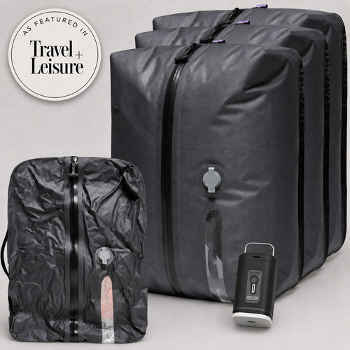 Aervira carry-on compression bags with rechargeable mini pump