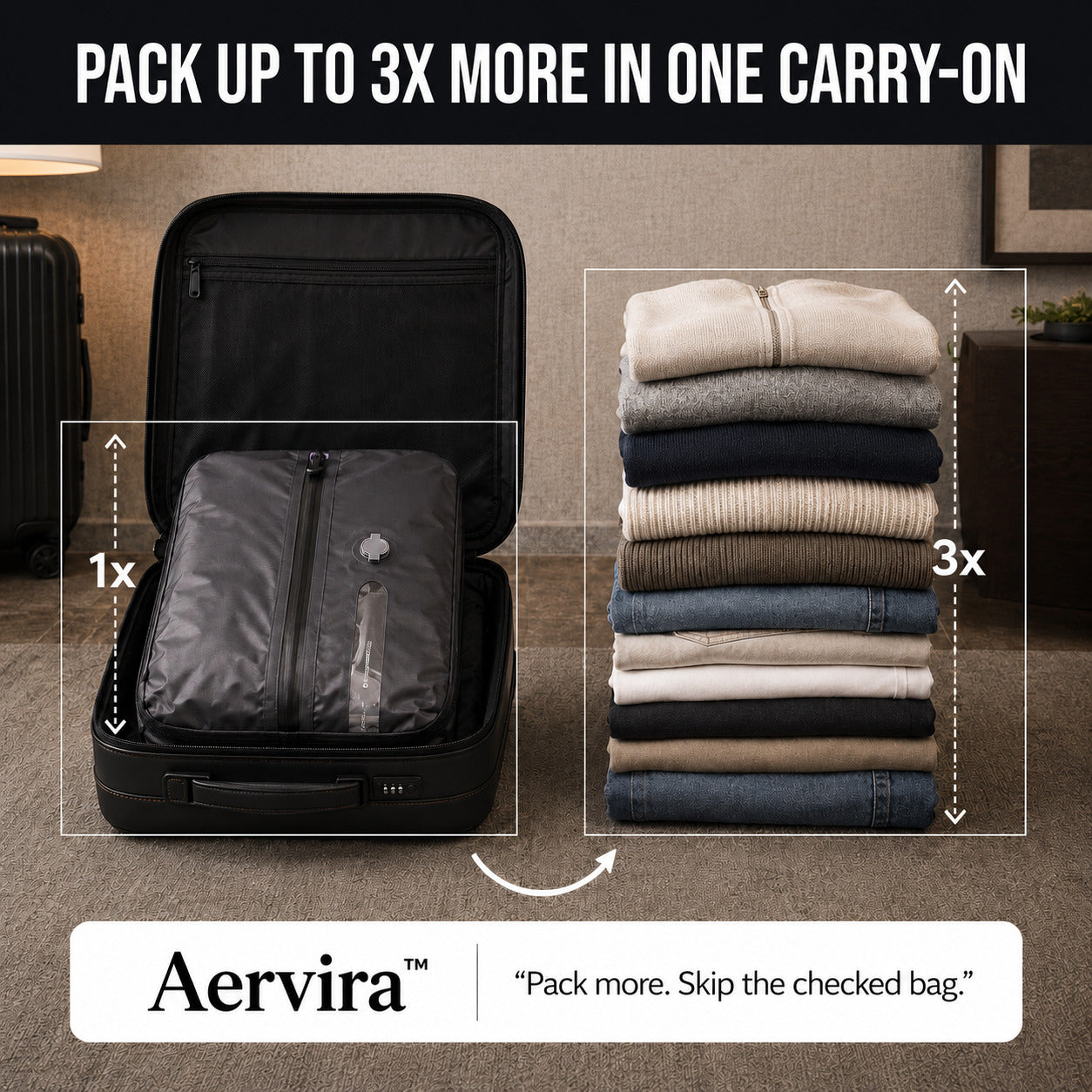 Aervira carry-on compression bag showing 3x more packing space in one suitcase