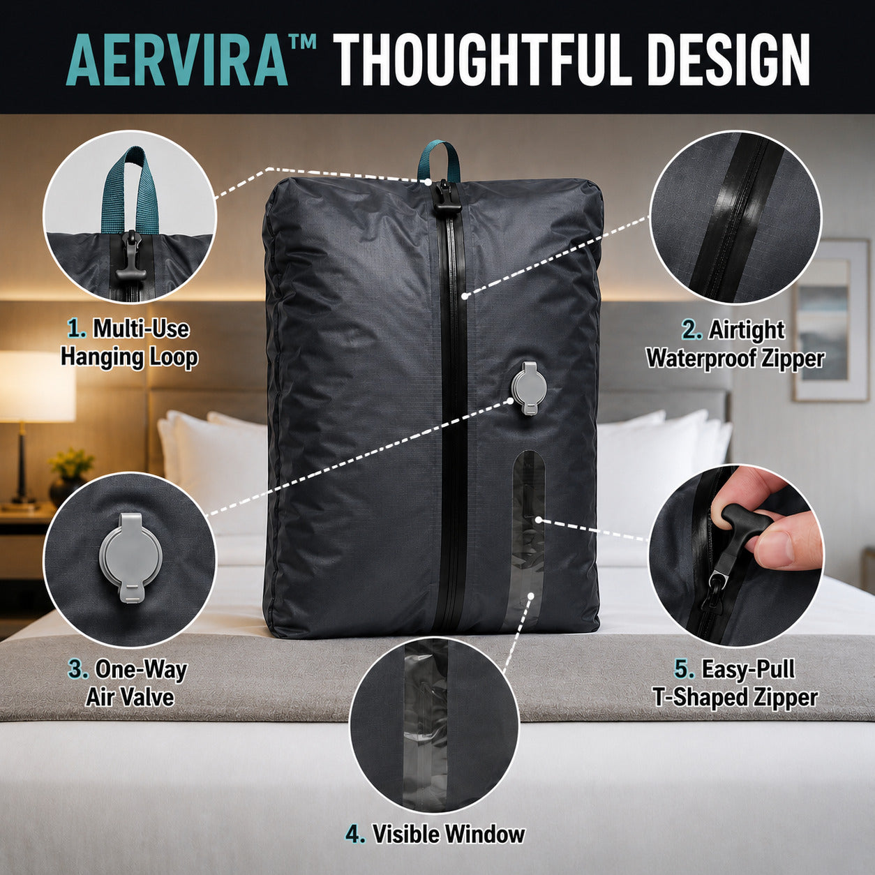 Aervira compression bag design with hanging loop, airtight zipper, one-way air valve, visible window, and easy-pull zipper features