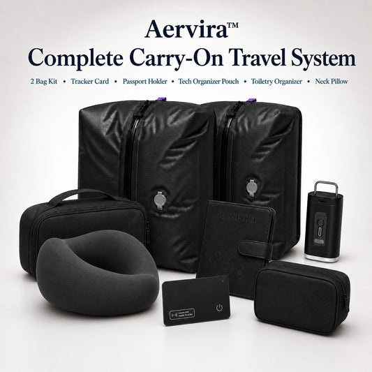 Aervira Complete Carry-On Travel System with 2 Bag Kit, rechargeable mini pump, tracker card, passport holder, tech organizer pouch, toiletry organizer, and neck pillow