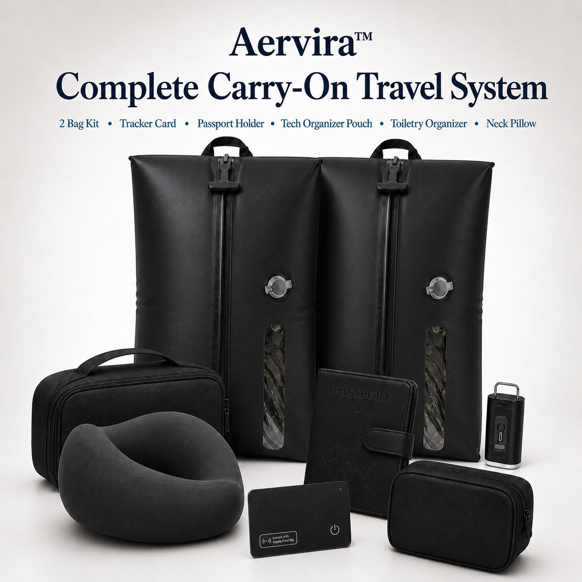 Aervira™ Complete Carry-On Travel System with 2 travel vacuum bags, mini pump, tracker card, passport holder, tech organizer pouch, toiletry organizer, and neck pillow