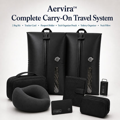 Aervira™ Complete Carry-On Travel System with 2 travel vacuum bags, mini pump, tracker card, passport holder, tech organizer pouch, toiletry organizer, and neck pillow