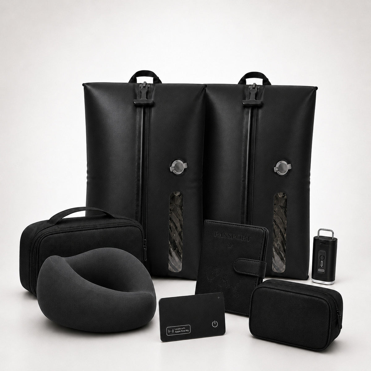 Aervira™ Complete Carry-On Travel System with 2 travel vacuum bags, mini pump, tracker card, passport holder, tech organizer pouch, toiletry organizer, and neck pillow