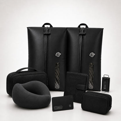 Aervira™ Complete Carry-On Travel System with 2 travel vacuum bags, mini pump, tracker card, passport holder, tech organizer pouch, toiletry organizer, and neck pillow