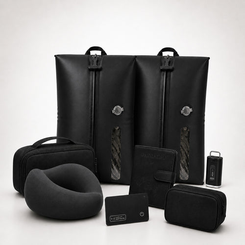 Aervira™ Complete Carry-On Travel System with 2 travel vacuum bags, mini pump, tracker card, passport holder, tech organizer pouch, toiletry organizer, and neck pillow