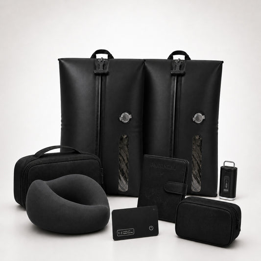 Aervira™ Complete Carry-On Travel System with 2 travel vacuum bags, mini pump, tracker card, passport holder, tech organizer pouch, toiletry organizer, and neck pillow