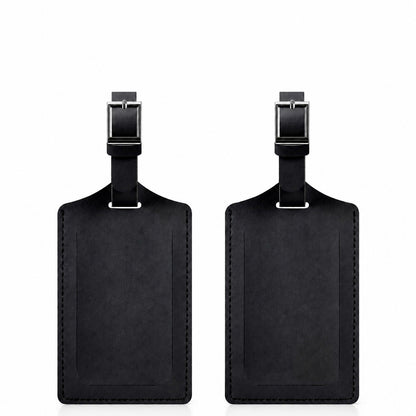 Aervira Luggage Tag two-pack with black privacy covers, buckle straps, and clean travel ID design