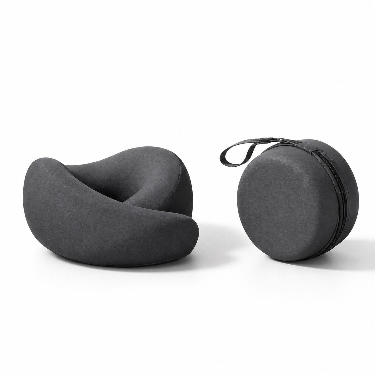 Aervira Memory Foam Travel Neck Pillow with compact round carrying case for comfortable work-trip travel
