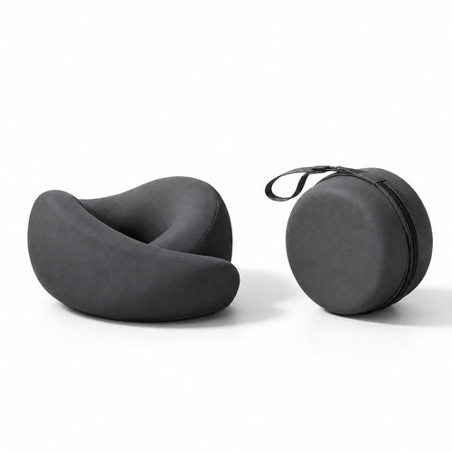 Aervira Memory Foam Travel Neck Pillow with compact round carrying case for comfortable work-trip travel