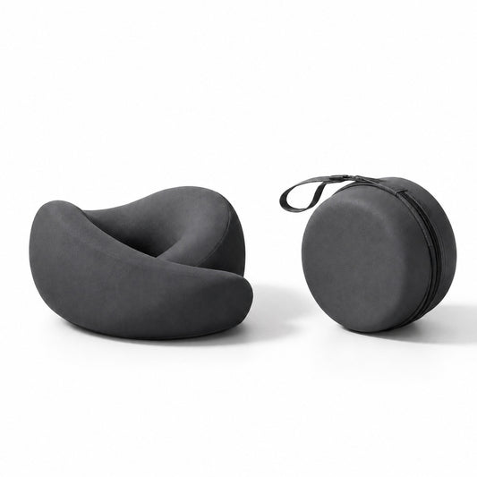 Aervira Memory Foam Travel Neck Pillow with compact round carrying case for comfortable work-trip travel