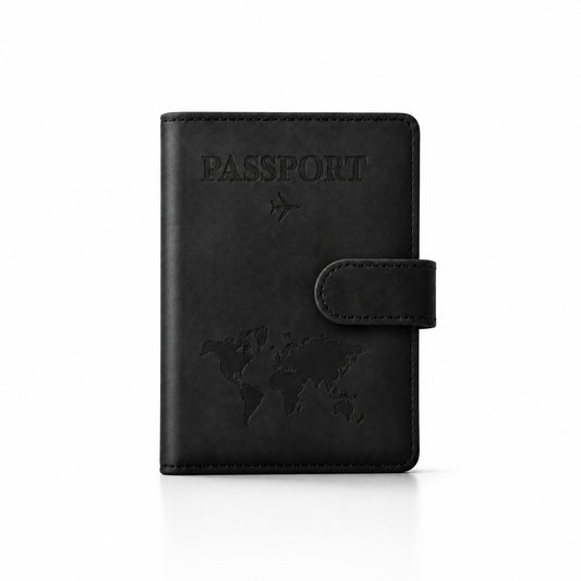 Aervira Passport Holder black travel document organizer with embossed world map design and secure snap closure