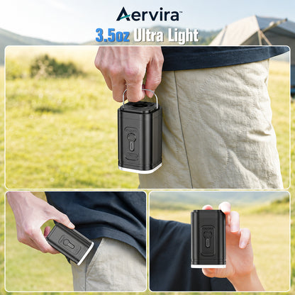 Aervira Rechargeable Mini Compression Pump 3.5oz ultra light design shown being carried outdoors for portable travel use