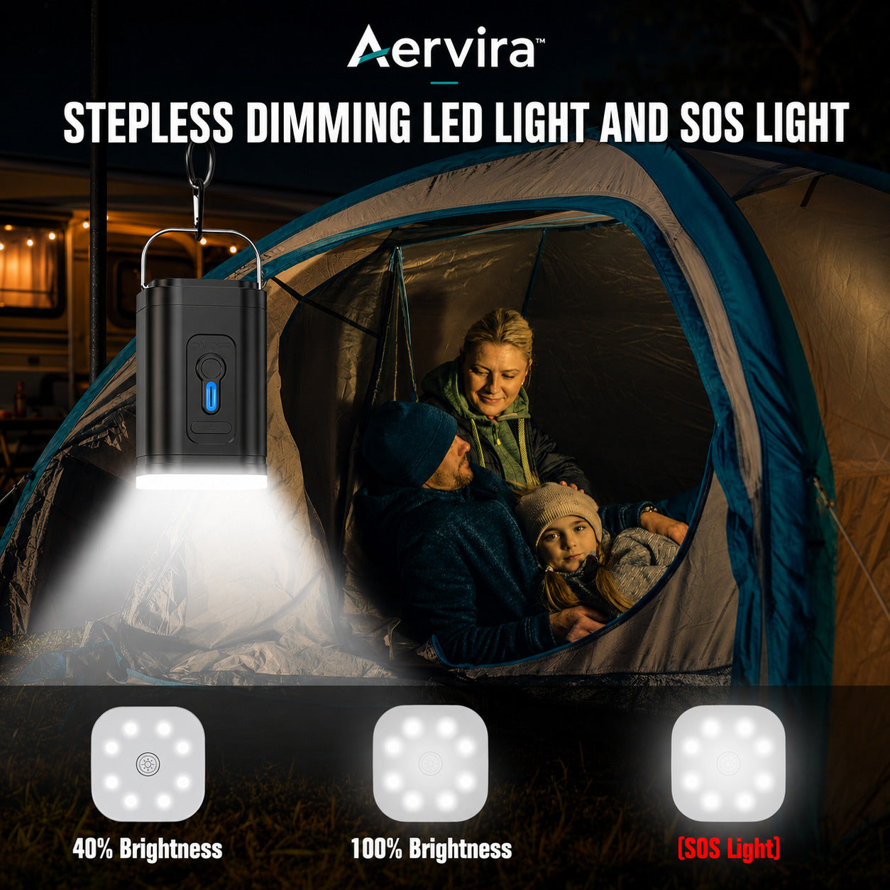 Aervira Rechargeable Mini Compression Pump shown as a camping LED lantern with dimming and SOS light modes