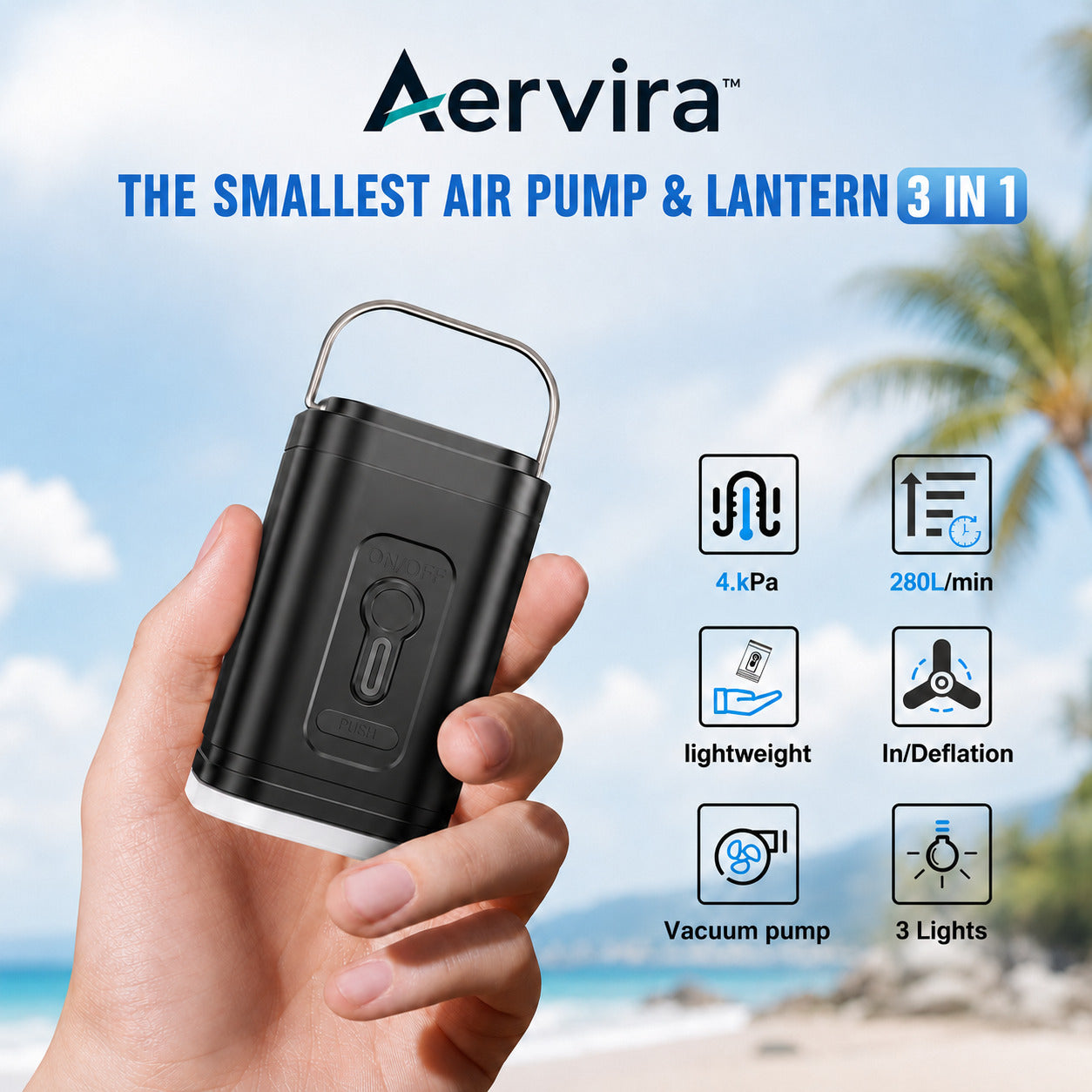 Aervira Rechargeable Mini Compression Pump 3-in-1 air pump and lantern shown in hand with travel-friendly feature icons