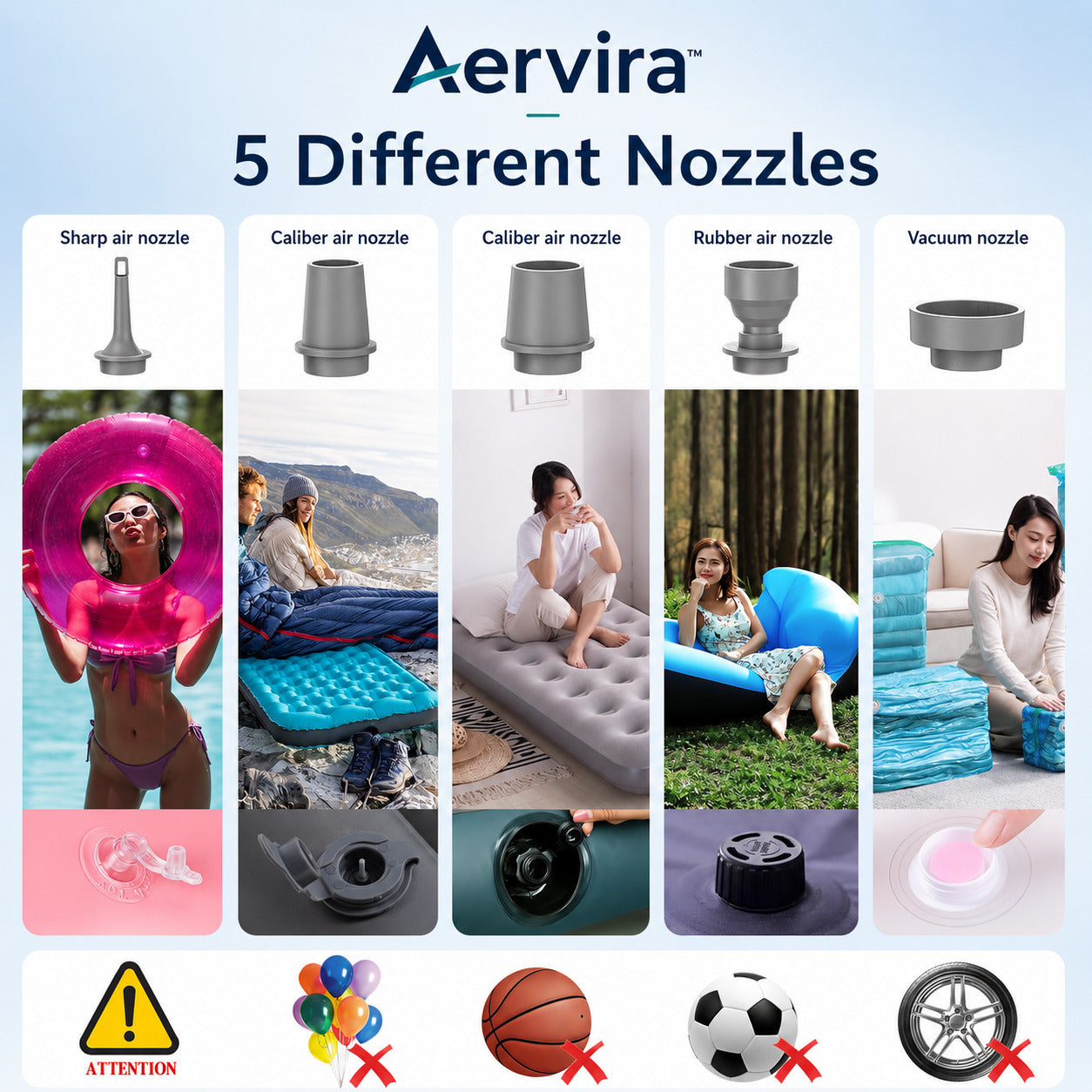 Aervira Rechargeable Mini Compression Pump nozzle guide showing 5 different nozzles for inflating and vacuum compression use