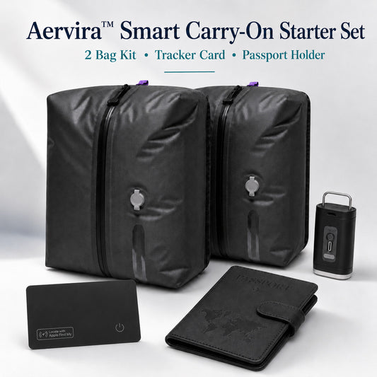 Aervira Smart Carry-On Starter Set with 2 Bag Kit, rechargeable mini pump, tracker card, and passport holder