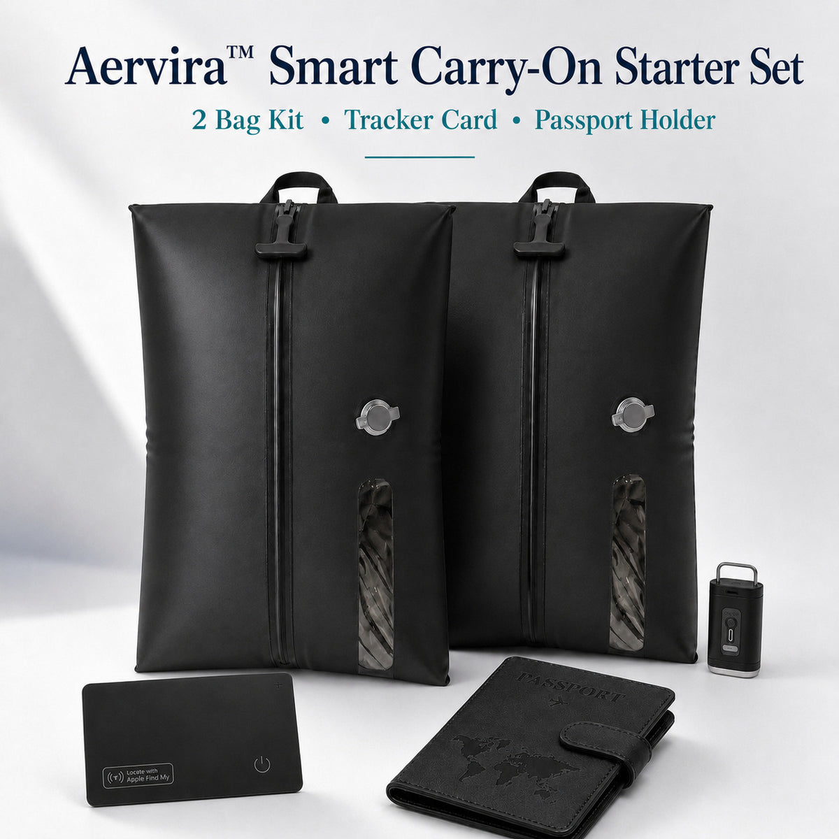 Aervira™ Smart Carry-On Starter Set with two travel vacuum bags with pump, tracker card, and passport holder for carry-on travel.