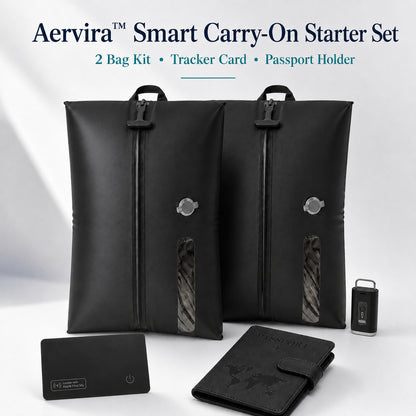 Aervira™ Smart Carry-On Starter Set with two travel vacuum bags with pump, tracker card, and passport holder for carry-on travel.
