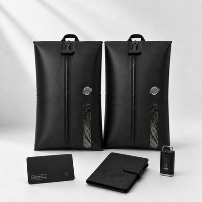 Aervira™ Smart Carry-On Starter Set with two travel vacuum bags with pump, tracker card, and passport holder for carry-on travel.