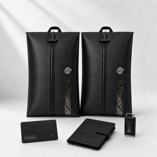 Aervira™ Smart Carry-On Starter Set with two travel vacuum bags with pump, tracker card, and passport holder for carry-on travel.