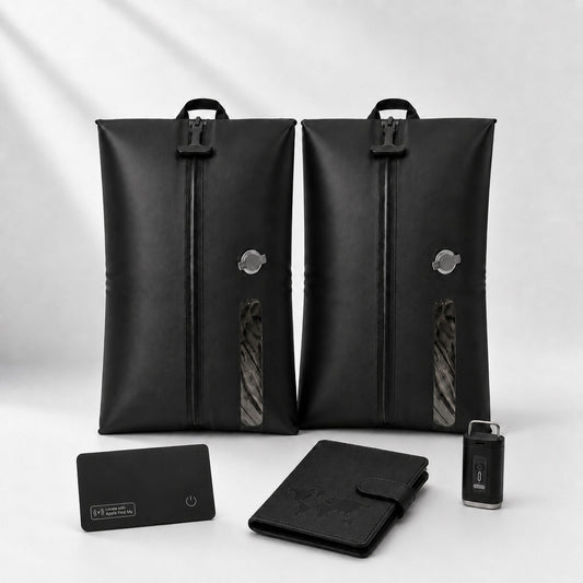 Aervira™ Smart Carry-On Starter Set with two travel vacuum bags with pump, tracker card, and passport holder for carry-on travel.