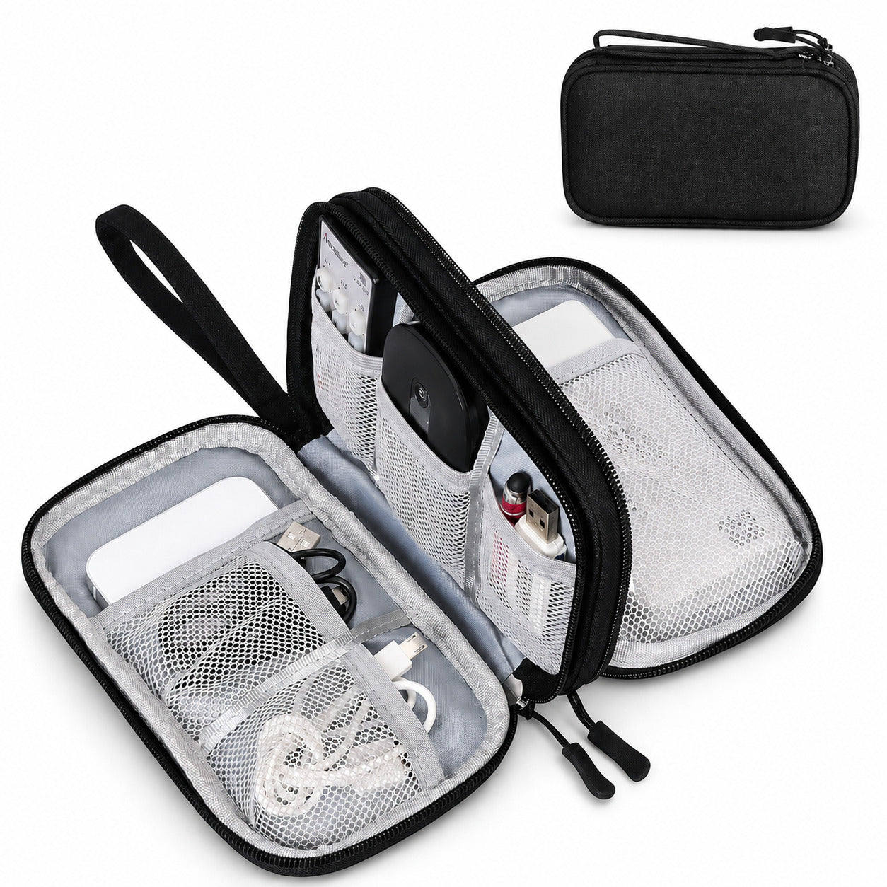 Aervira Tech Organizer Pouch opened with mesh compartments for cables, charger, earbuds, power bank, and small accessories