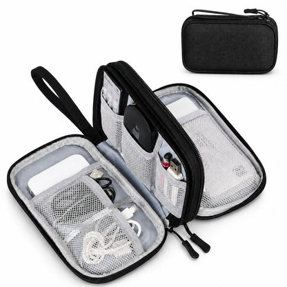 Aervira Tech Organizer Pouch opened with mesh compartments for cables, charger, earbuds, power bank, and small accessories