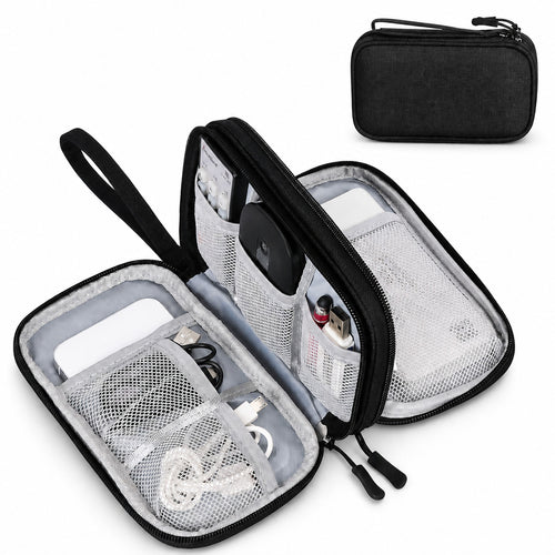 Aervira Tech Organizer Pouch opened with mesh compartments for cables, charger, earbuds, power bank, and small accessories