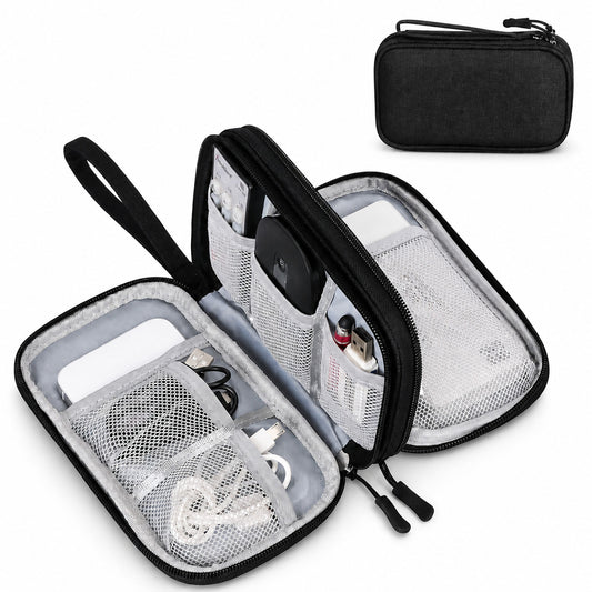 Aervira Tech Organizer Pouch opened with mesh compartments for cables, charger, earbuds, power bank, and small accessories