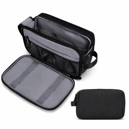 Aervira Toiletry Organizer opened to show spacious interior compartments with closed compact travel toiletry bag beside it