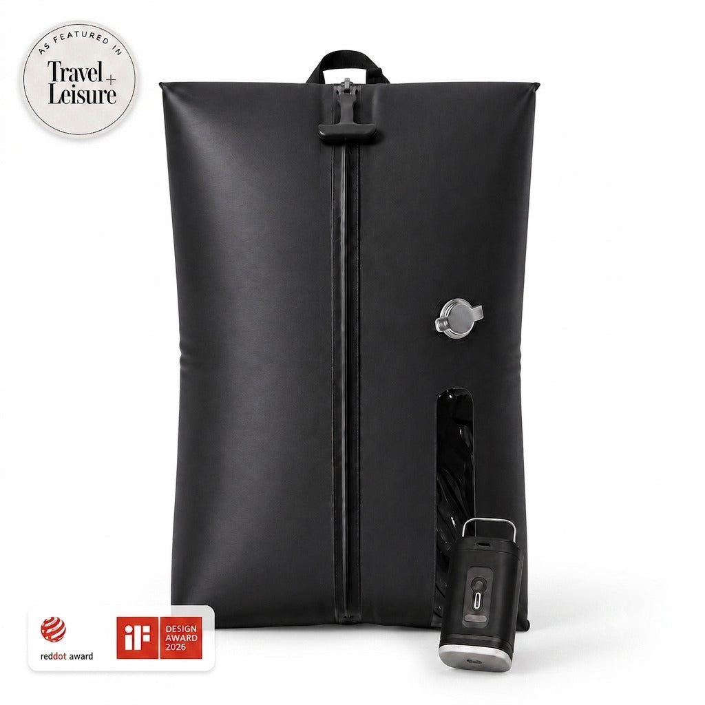 Aervira™ Vacuum Kit 1 Bag Kit with black vacuum travel bag and mini pump for carry-on luggage packing