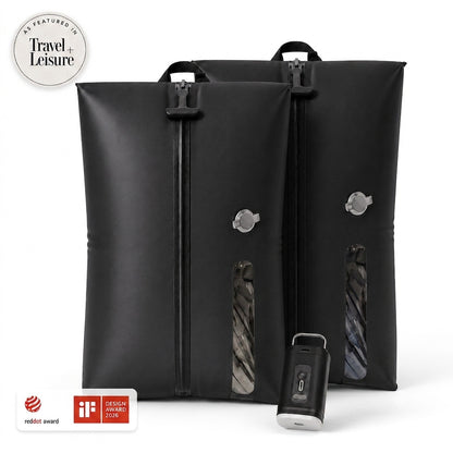 Aervira™ Vacuum Kit 2 Bag Kit with two black vacuum travel bags and mini pump for carry-on luggage packing