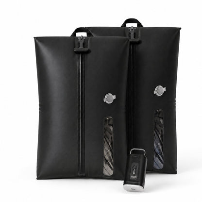 Aervira Vacuum Kit 2 Bag Kit with two black vacuum travel bags and mini pump for carry-on luggage packing