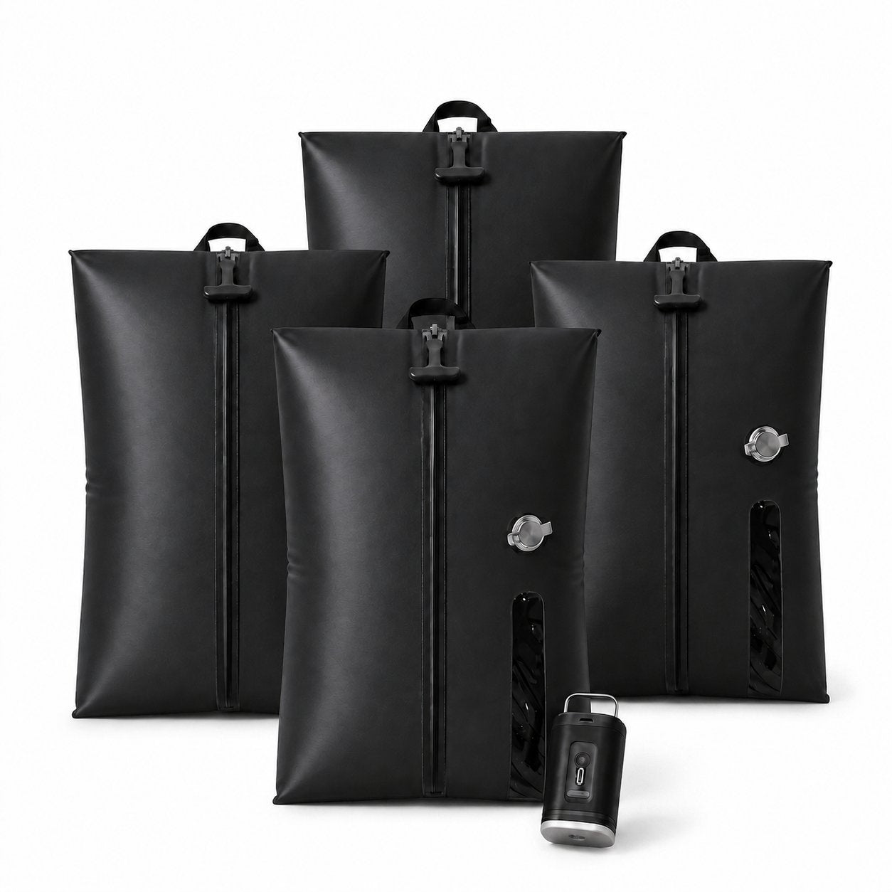 Aervira Vacuum Kit 4 Bag Kit with four black vacuum travel bags and mini pump for carry-on luggage packing