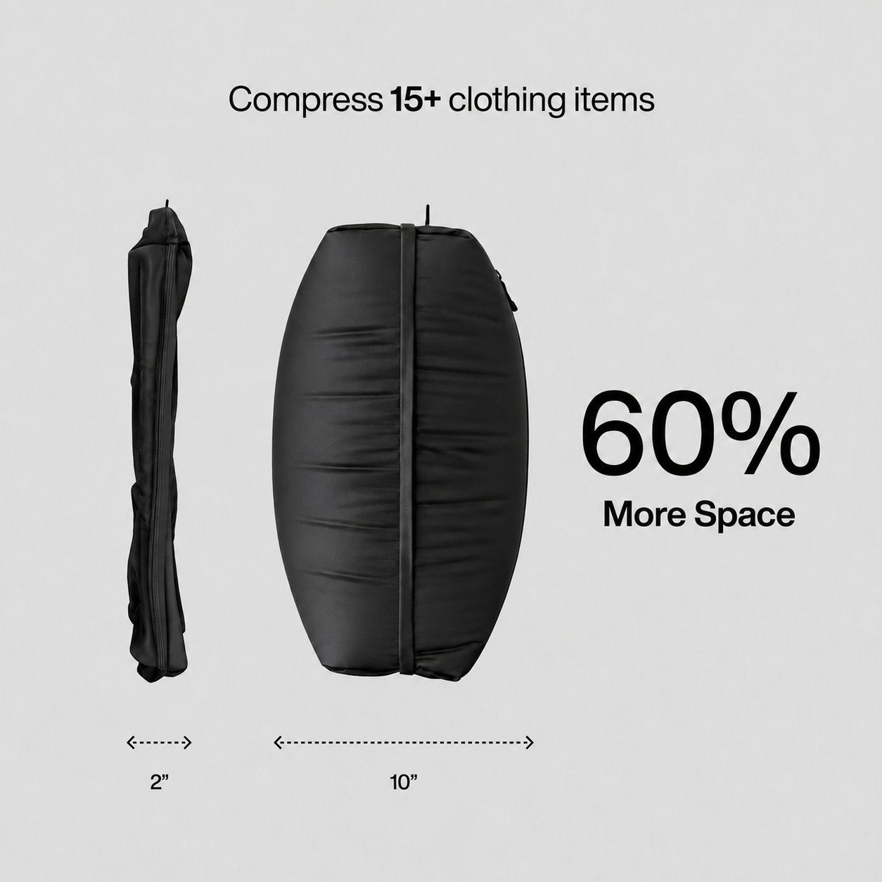 Aervira Vacuum Kit travel compression bag shown before and after compression, reducing from 10 inches to 2 inches to create up to 60% more packing space.
