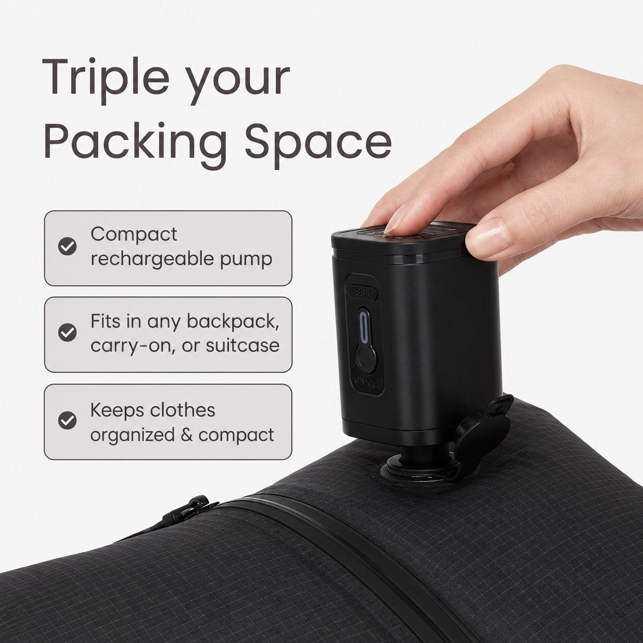 Aervira travel vacuum bag with rechargeable mini pump for saving suitcase packing space