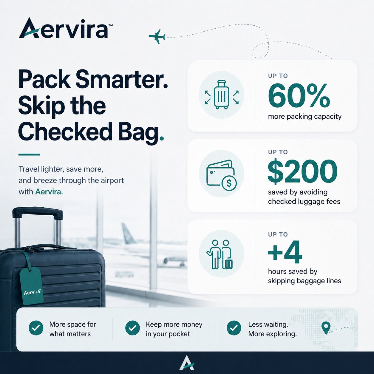Aervira Vacuum Kit benefits graphic showing a carry-on suitcase at the airport with highlights for more packing space, checked bag savings, and less waiting